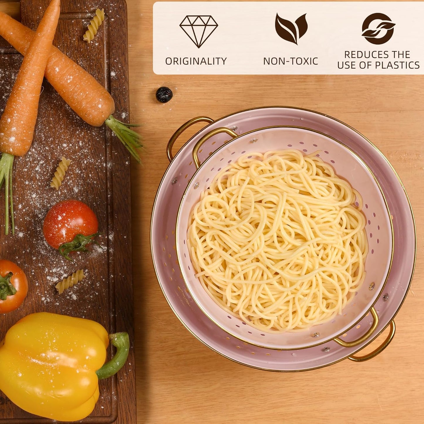 Metal Colander Set of 2, Strainer Basket with Handles 3.5 & 5 Qt Powder Coated Self-draining Solid Ring Base Metal Large Kitchen Colander Bowel for Pasta Vegetable Fruit (PINK), 2pack