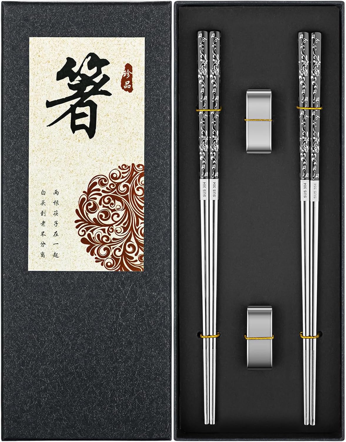 Metal Reusable Chopsticks 2 Pairs Titanium Plated Stainless Steel Chopsticks with Holder, Dishwasher Safe Non-Slip Japanese Style Chop Sticks Present Set (Black Silver)