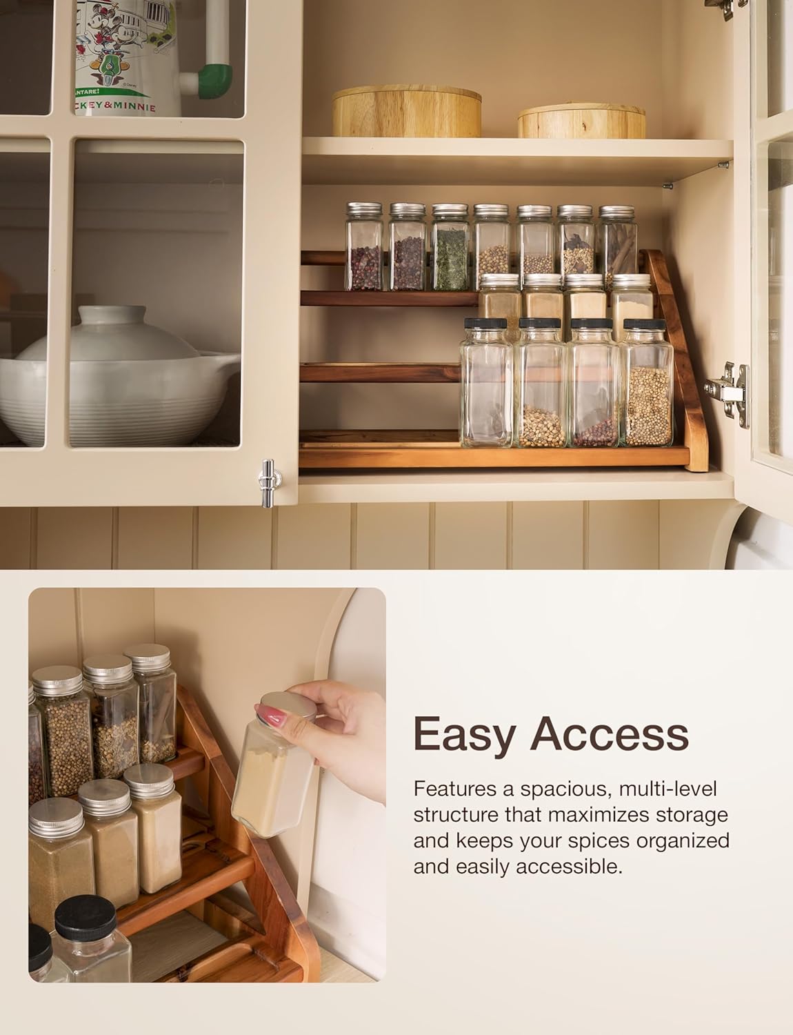 Tinamo Acacia Wood Spice Rack for Countertop - Wooden Tray Holds 24 Jars Spice Racks Organizer for Storage Shelf - 3 Tiered Spice Rack Organizer for Cabinet - Spice Shelf for Kitchen Pantry (Acacia)