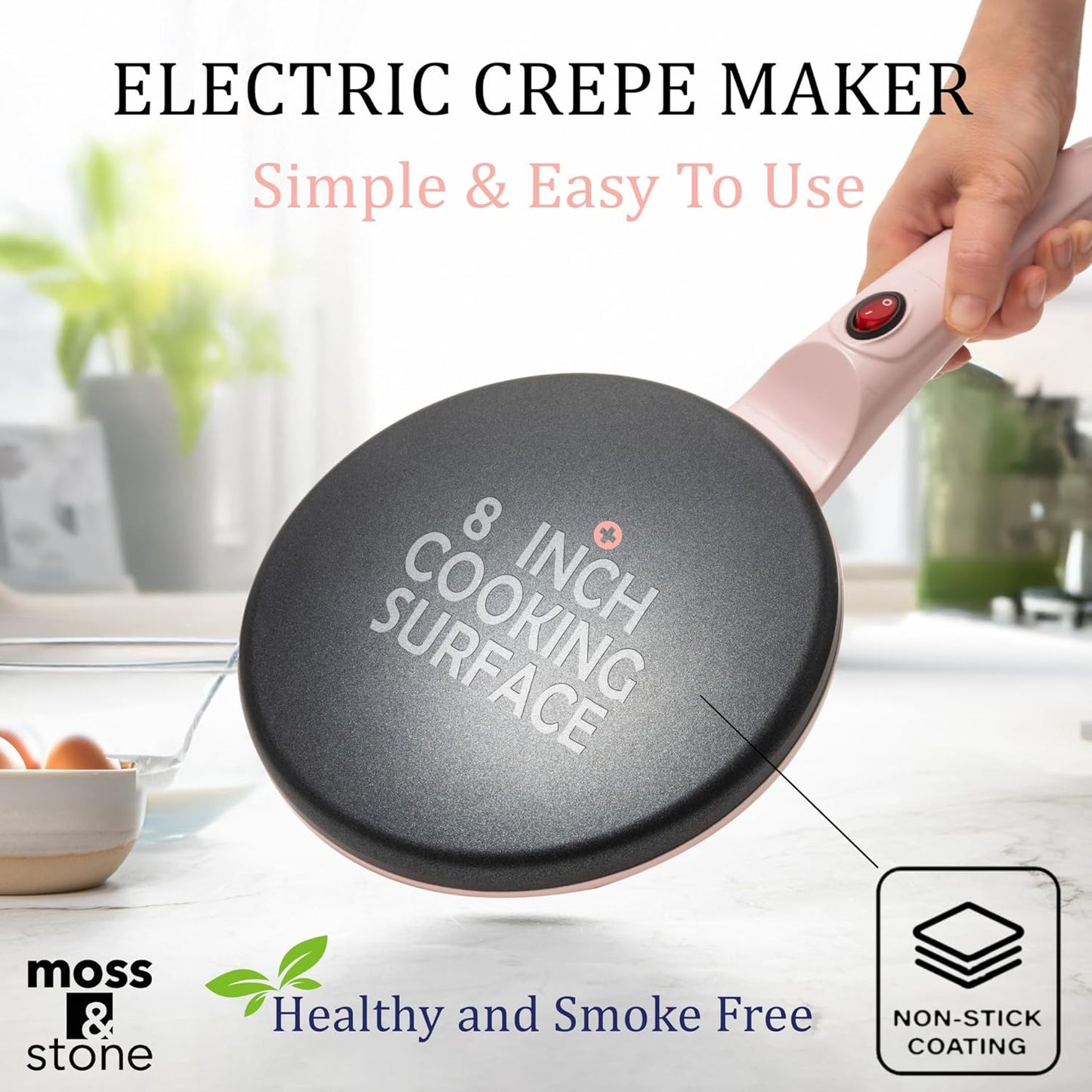 Moss & Stone Pink Electric Crepe Maker 8 Inch, Portable Crepe Maker & Hot Plate Cooktop On/Off Switch, Nonstick Coating, Automatic Temperature Control, Easy To Use For Pancakes, Blintz