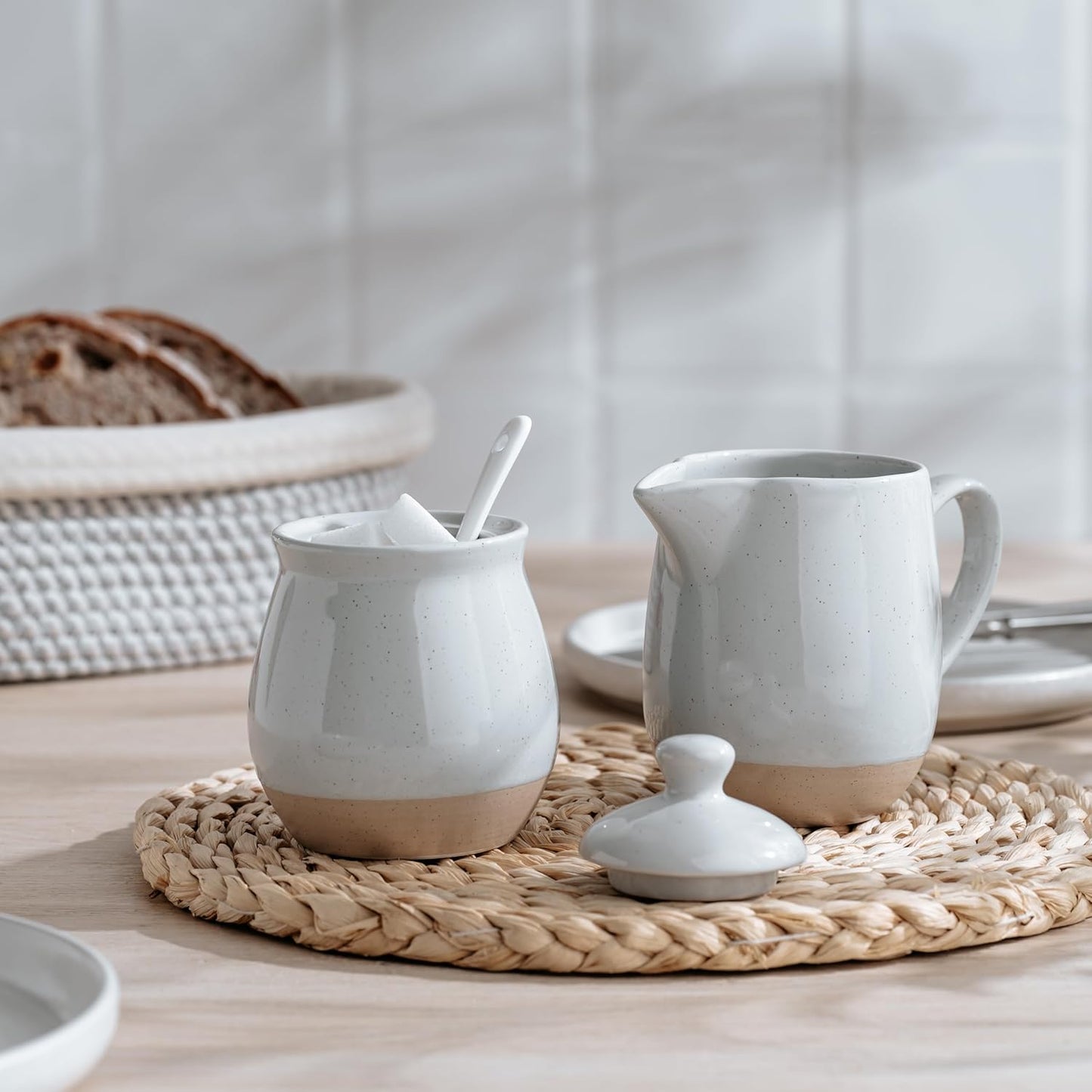 famiware Milkyway Ceramic Sugar and Creamer Set, 10oz Sugar Bowl & 13oz Creamer Set – Stoneware Milk Pitcher & Sugar Dispenser for Coffee Bar, Kitchen, or Countertop, Coffee Serving Set, Light Gray