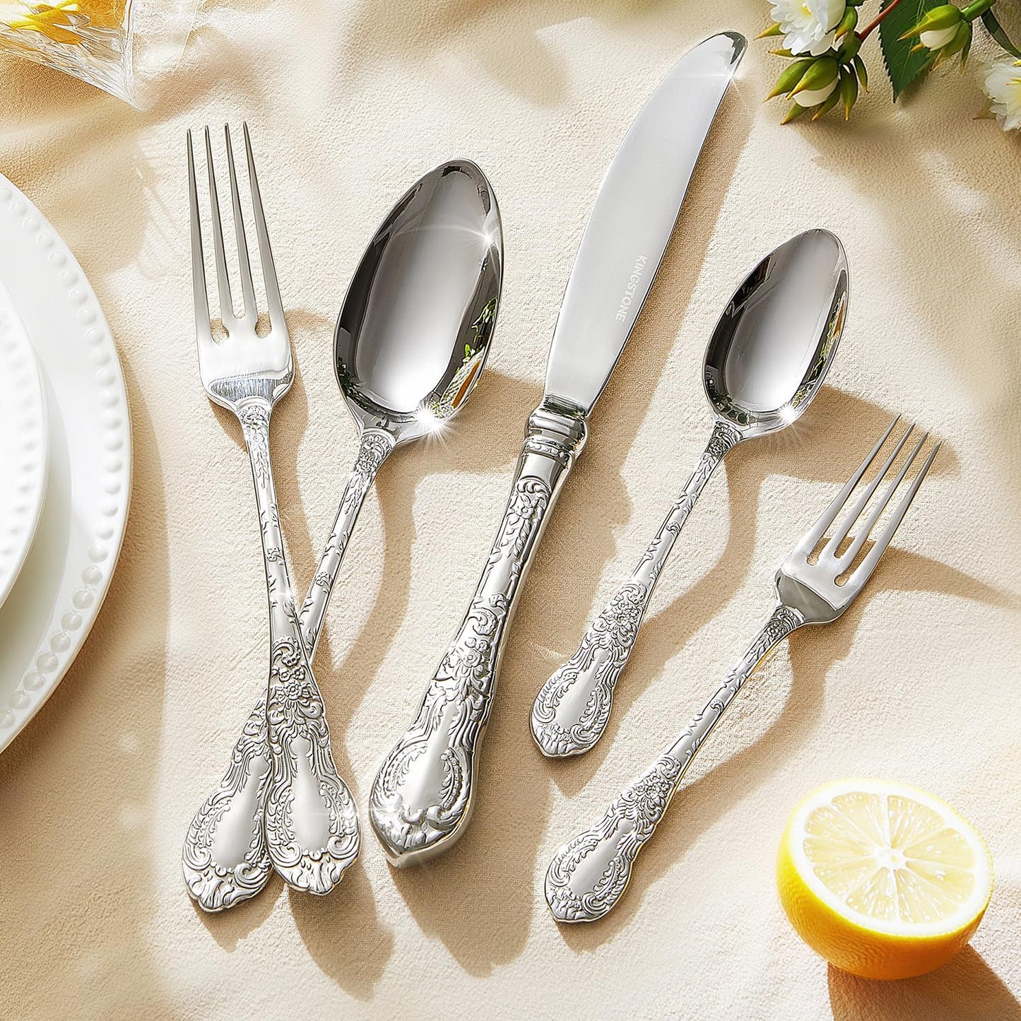 KINGSTONE Vintage Carved Silverware Set, 5-Piece 18/10 Stainless Steel Flatware Cutlery Set with Retro Royal Thick Handle, Tableware Utensils for Home, Restaurant, party, Wedding, Dishwasher Safe