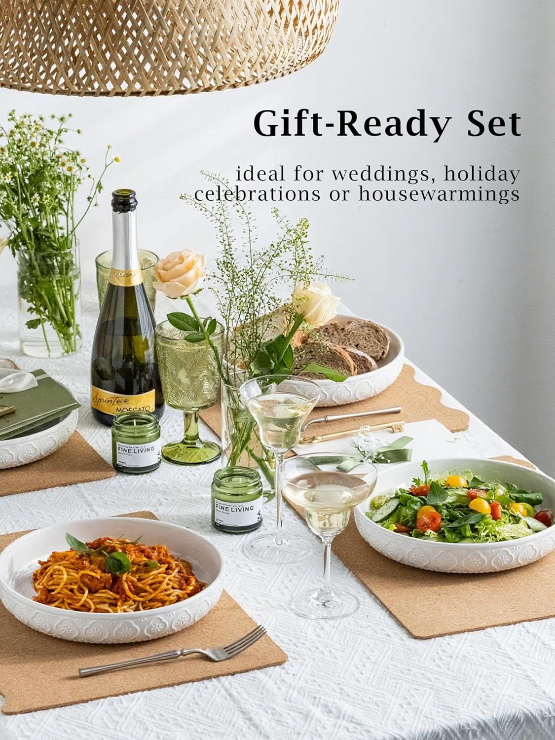 YHOSSEUN 9.75" Pasta Bowls Set of 4, 50 OZ Large Salad Serving Bowls, Ceramic Pasta Plate Bowls, White Soup Bowl, Microwavable Dinner Bowls for Kitchen, Embossed Sunflower