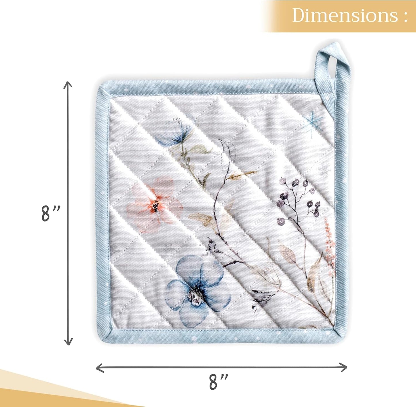 Maison d' Hermine Pot Holders Set 100% Cotton Heat Resistant Potholders 8" x 8" Hot Pads with Loop BBQ, Cooking, Baking, Grilling, Kitchen, Handling Hot Pans (Pack of 2, Ice Florals)