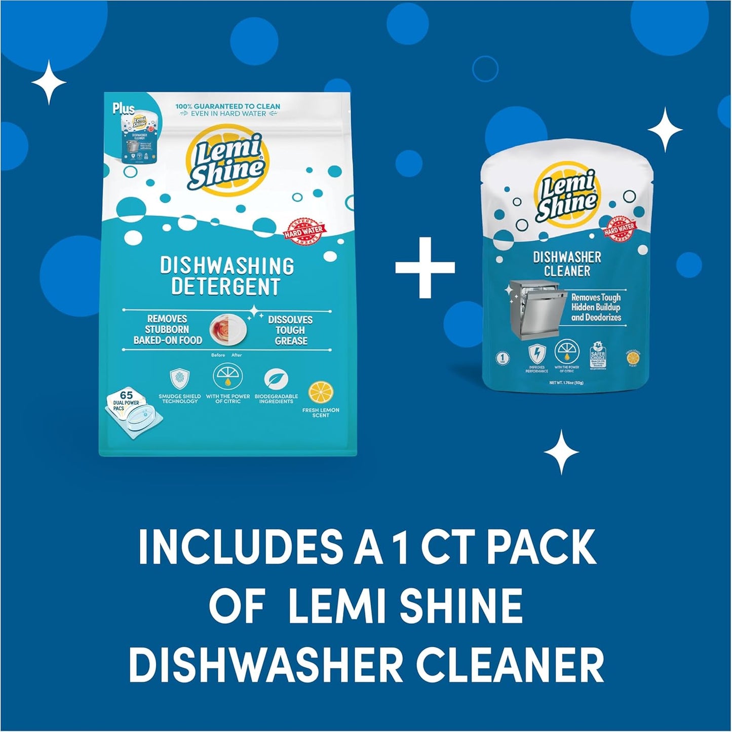 Lemi Shine Natural Dishwasher Detergent Pods + Dishwasher Cleaner 1 ct | All-In-One Powder & Gel Pods with Powerful Citric Acid | Eco Friendly Dish Wash Cleaning Supplies - 65 Count