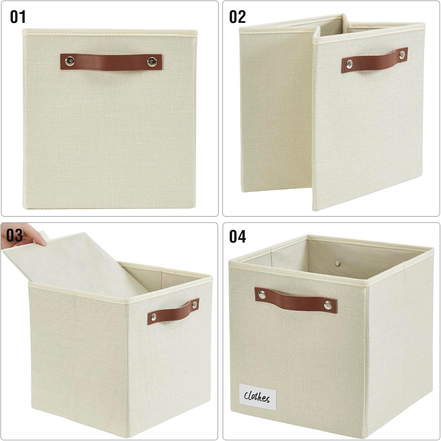 Collapsible Fabric Storage Cube Bins with 2 Reinforced PU Handles, Foldable Storage Organizer Baskets for Closet, Shelves, Living Room | 11"x11"x11", 4 Pack, Full Beige