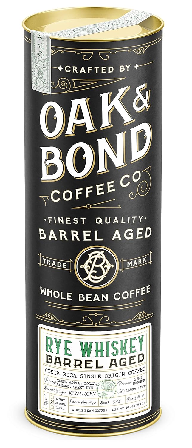 Rye Whiskey Barrel Aged Coffee, Costa Rica Single Origin Small Family Farm Whole Coffee Bean, Medium Roast w/Flavor Notes of Cocoa, Almond, Sweet Rye, Green Apple by Oak & Bond Coffee Co. – 10oz.