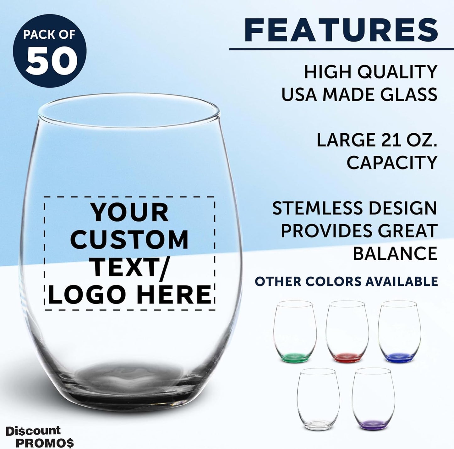 DISCOUNT PROMOS 50 ARC Stemless Wine Glasses Set, 21 oz. - Customizable Text, Logo - Chardonnay, Cabernet, Merlot, Sauvignon - Black