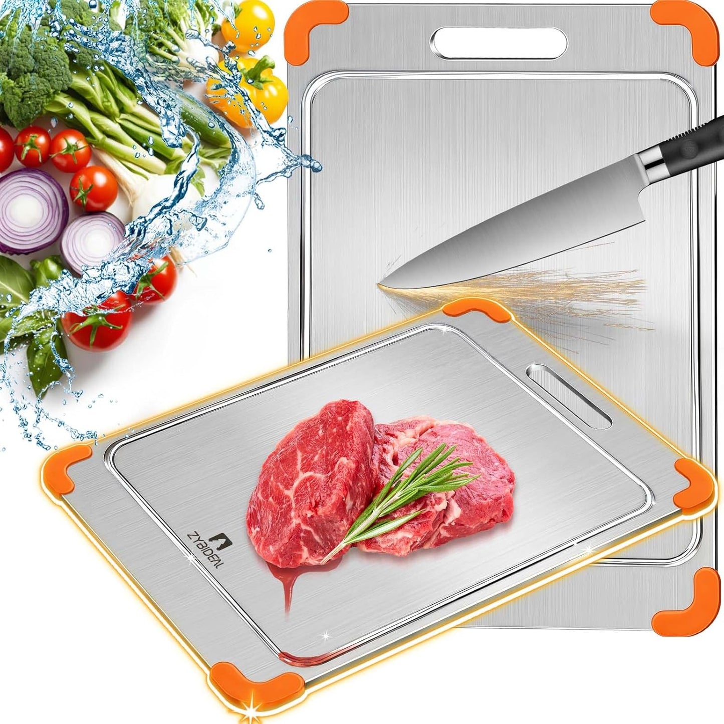 100% Pure Titanium Cutting Board with Grooves, Update Double Side Titanium Chopping Board, Silicone Anti-slip Stainless Cutting Boards for Kitchen 11 * 15 IN, Orange