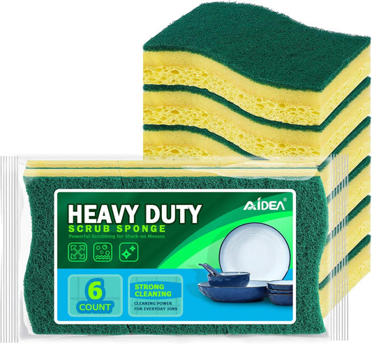 AIDEA Heavy-Duty Scrub Sponges, 6Count, Sponges for Non-Coated Cookware, Kitchen Sponge for Dishes, Scrubbing Power for Tough Messes, Cleaning Sponge for Kitchen, Bathroom, Household