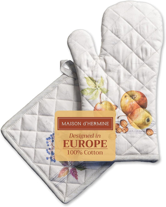 Maison d' Hermine 100% Cotton Oven Mitt & Pot Holder Set (7.5"x13" & 8"x8") Heat Resistant BBQ Cooking Gloves with Loop, Baking, Grilling, Kitchen, Handling Hot Pans (Fruit D'Hiver)