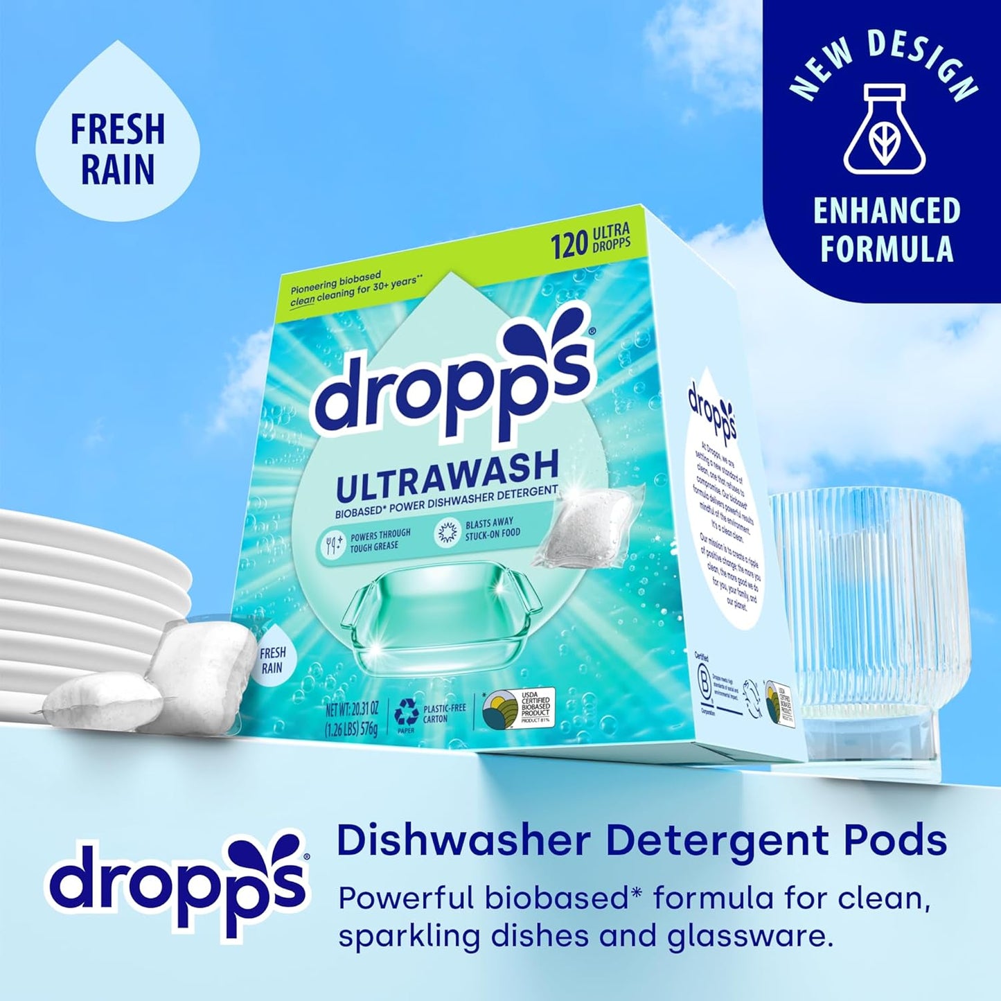 Dropps UltraWash Dishwasher Pods, Fresh Rain (120 Count) - Biobased Power Deep Clean Dishwasher Detergent Tablets for Sparkling Shiny Dishes - No Rinse Aid or Pre-Wash Needed - Dishwashing Pods
