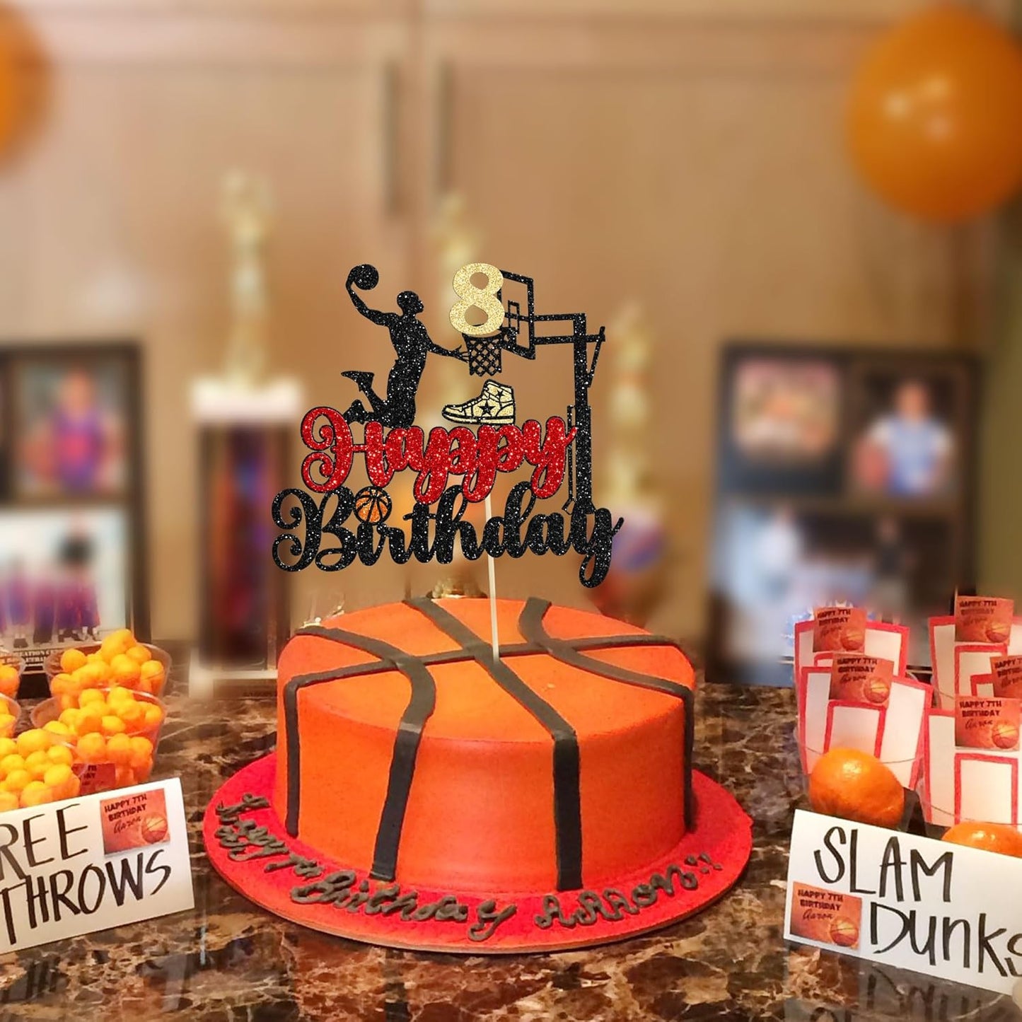 1Pc 8th Birthday Basketball Cake Topper Glitter Basketball Sports Theme Cake Pick for Baby Shower 8th Birthday Cake Decorations Party Supplies Black