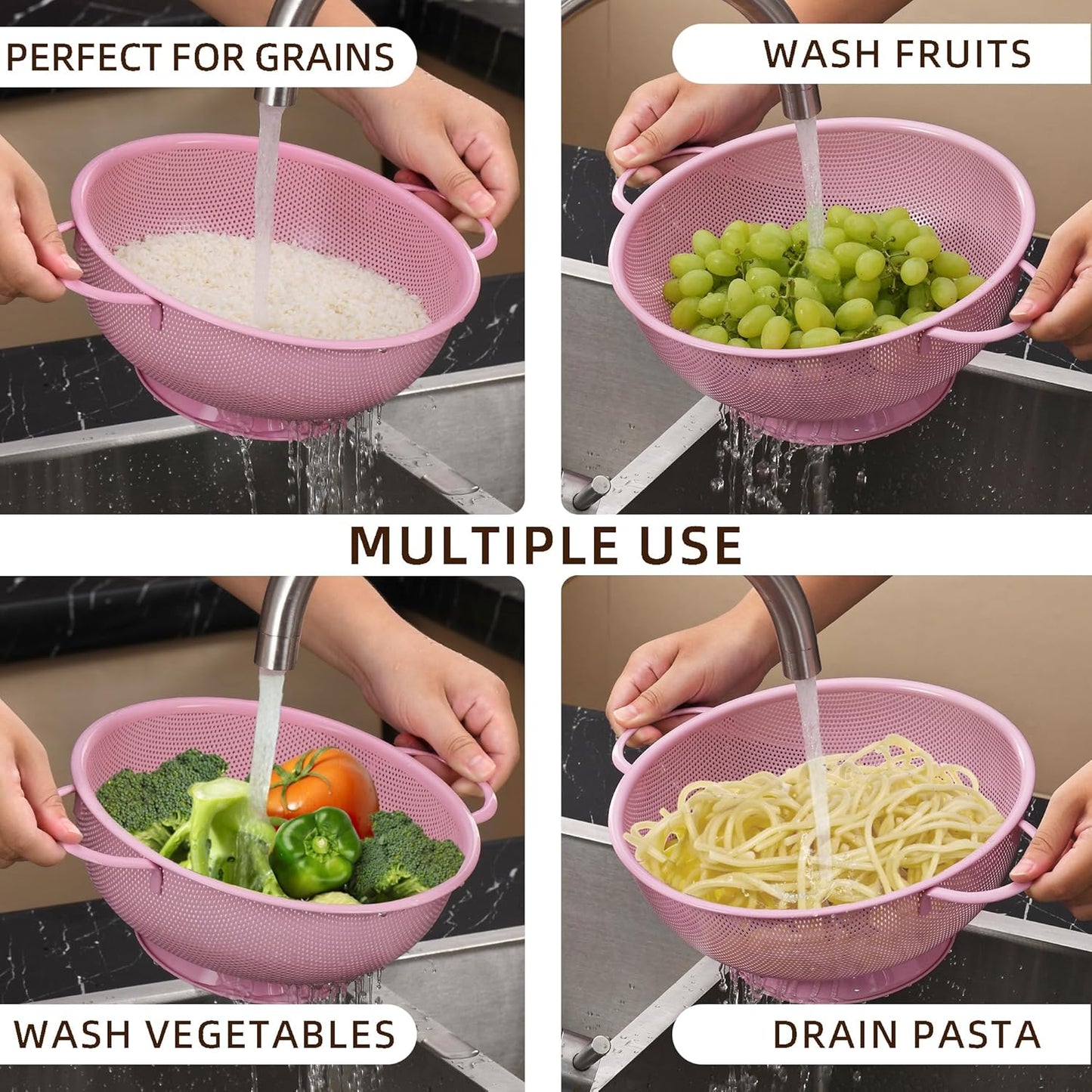 Stainless Steel Colander 3 Piece,Metal Strainer Basket with Solid Base and Handles for Kitchen Food,Pasta, Noodles, Vegetables and Fruits,Powder Coated,BPA Free,Dishwasher Safe,2 & 3 & 4.5 Qt (Pink)