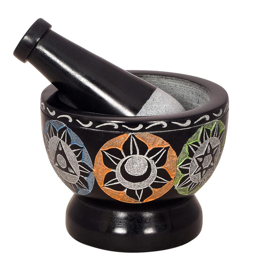 Mortar and Pestle, Made of Heavy Duty Polished Hard Stone, Natural Stone Grinder for Spices, Pastes, Herbs, Seasoning etc. (Black with Mix Color)