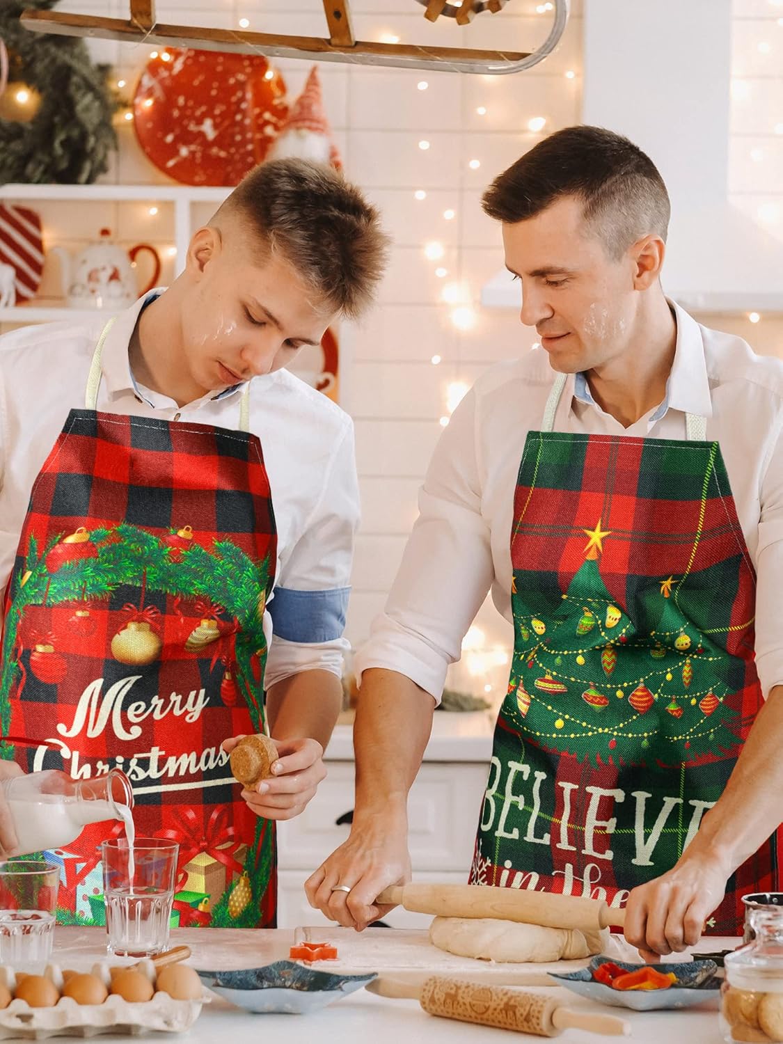 SATINIOR 4 Pcs Christmas Aprons Adjustable Kitchen Cooking Aprons Xmas Buffalo Plaid Merry Christmas BBQ Bib for Adults