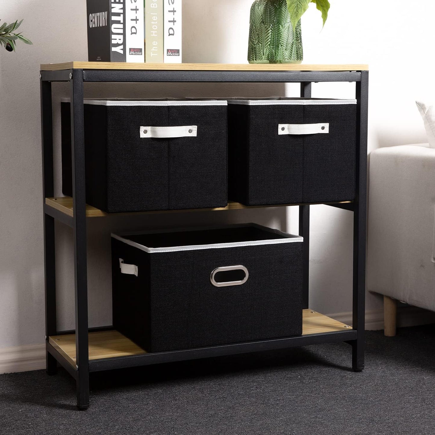 PRANDOM Larger Collapsible Storage Bins for Closet [5-Pack] Decorative Linen Fabric Storage Baskets Cubes with Leather/Metal Handles for Living Room Black (17.3x12.2x10.4 Inch)