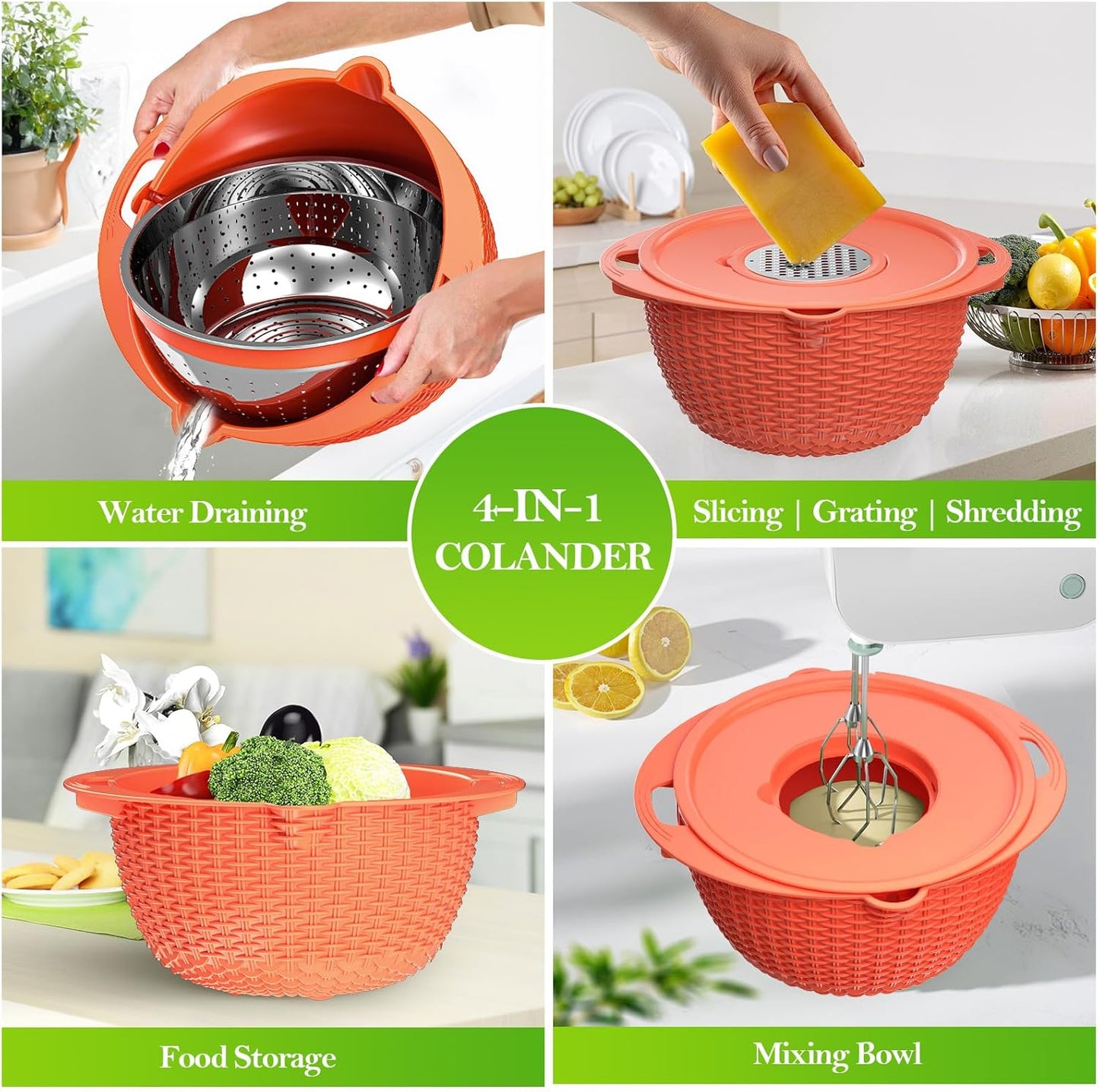 4-1 Colander with Bowl Set - Rotatable Strainers for Kitchen, Food Strainers and Colanders, Pasta Strainer, Rice Strainer, Fruit Cleaner, Veggie Wash, Kitchen Gadget Essentials - Orange