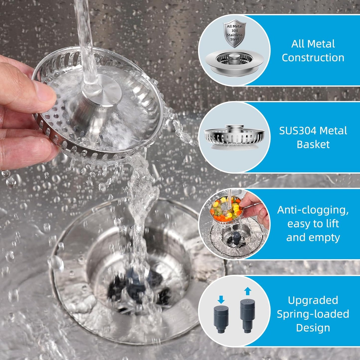 Hibbent All Metal Stainless Steel 3 in 1 Kitchen Sink Drain Strainer, Upgraded Anti-Rust Sink Stop Combo, Anti-Clogging Stainless Steel Basket Strainer with Metal Handle for US Standard 3-1/2" Drain