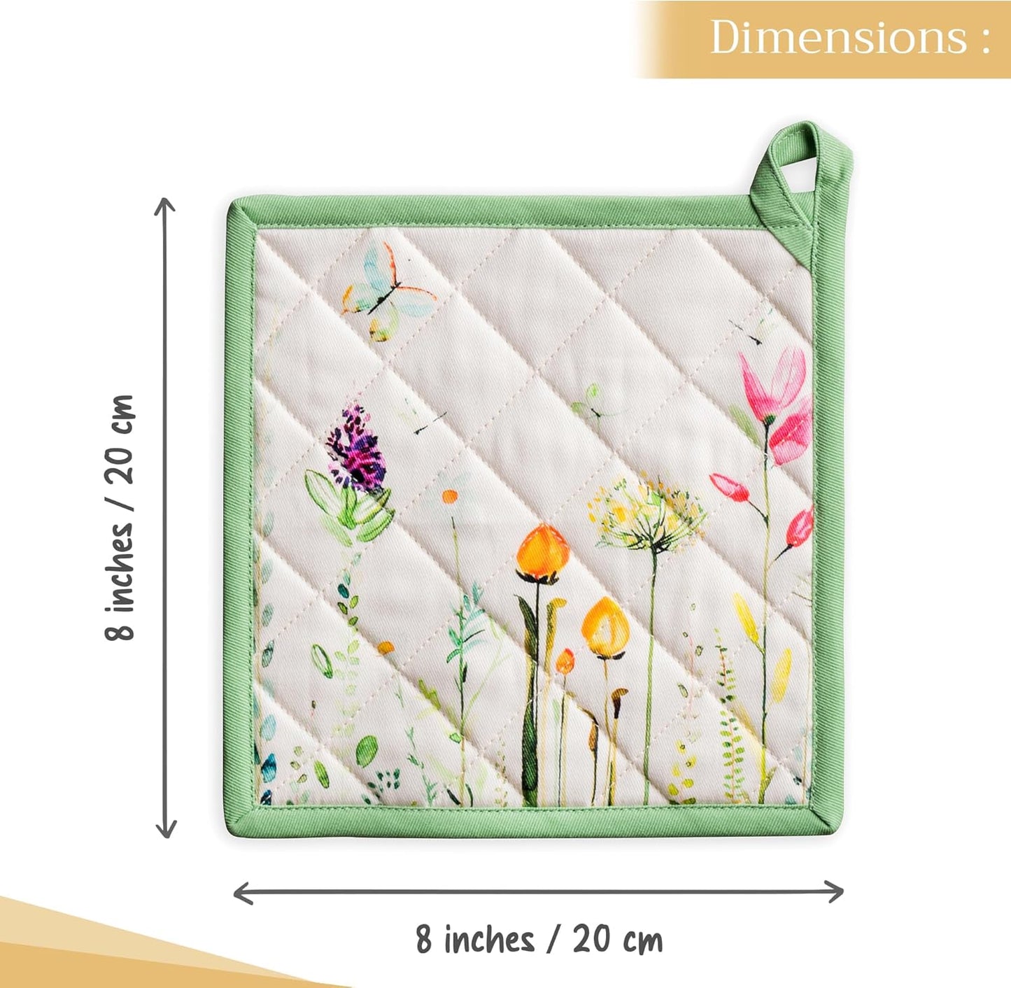 Maison d' Hermine Pot Holders 100% Cotton Heat Resistant Potholders 8" x 8" Hot Pads with Loop BBQ, Cooking, Baking, Grilling, Kitchen, Handling Hot Pans Spring/Summer (Pack of 1, Botanical Fresh)