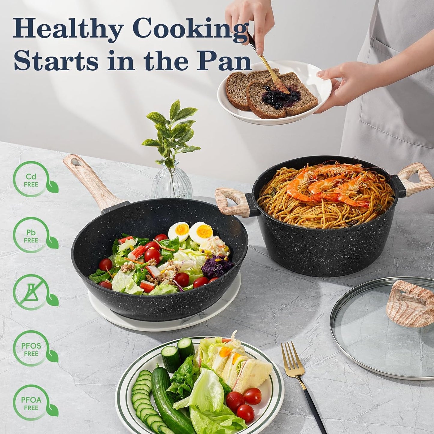 12 Pcs Pots and Pans Set Non stick, Cookware Sets Black Granite Induction Cookware, Non-toxic Healthy Nonstick Kitchen Cooking Set with Frying Pans Set, Saucepans (PFAS/PFOA/PFOS Free)