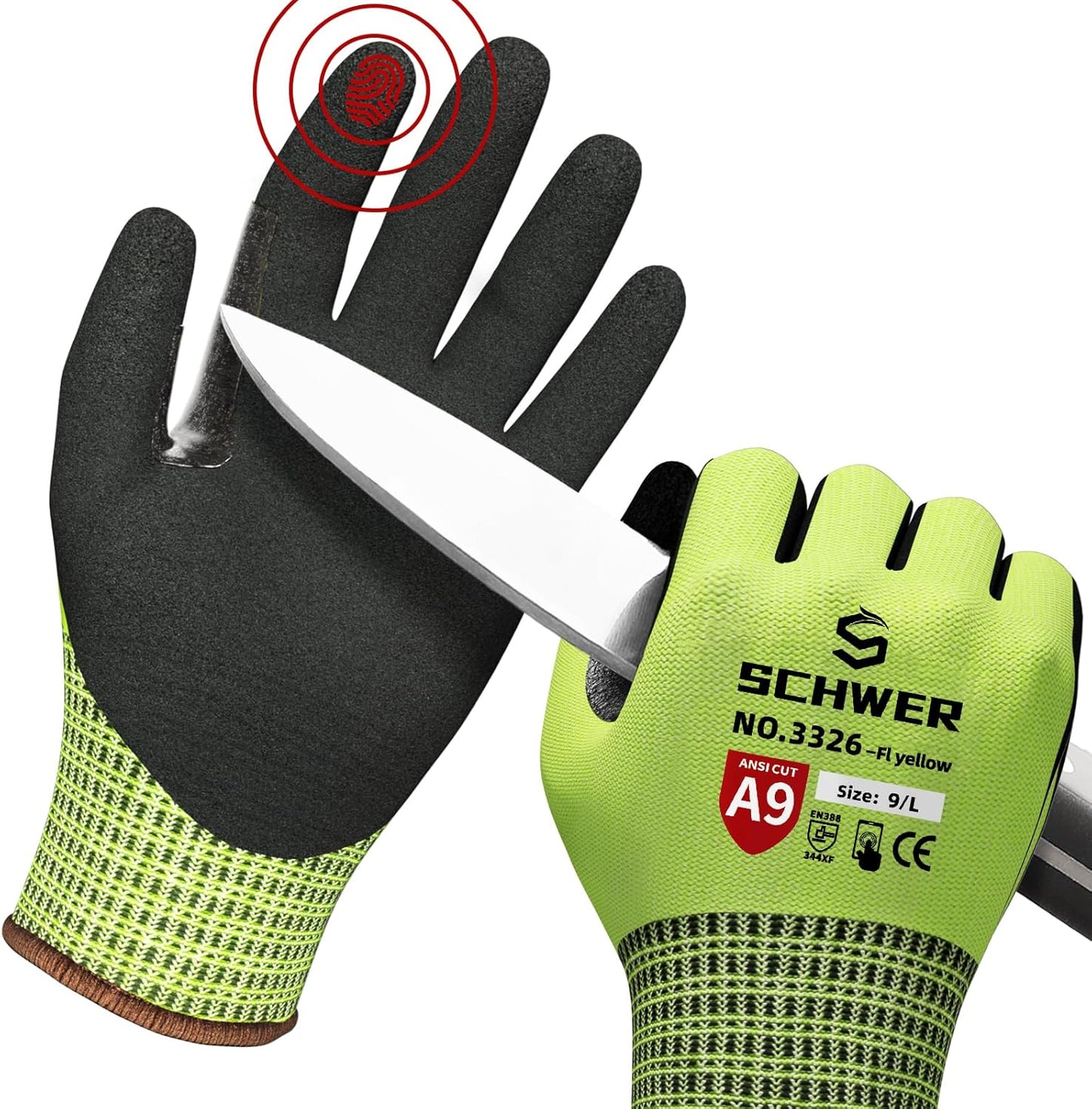Schwer ProGuard Highest Level Cut Resistant Work Gloves PR3326 for Extreme Protection, ANSI A9 Working Gloves with Sandy Nitrile Coated, Touch-screen, Durable, Washable, Non PFAS, Yellow 1 Pair L