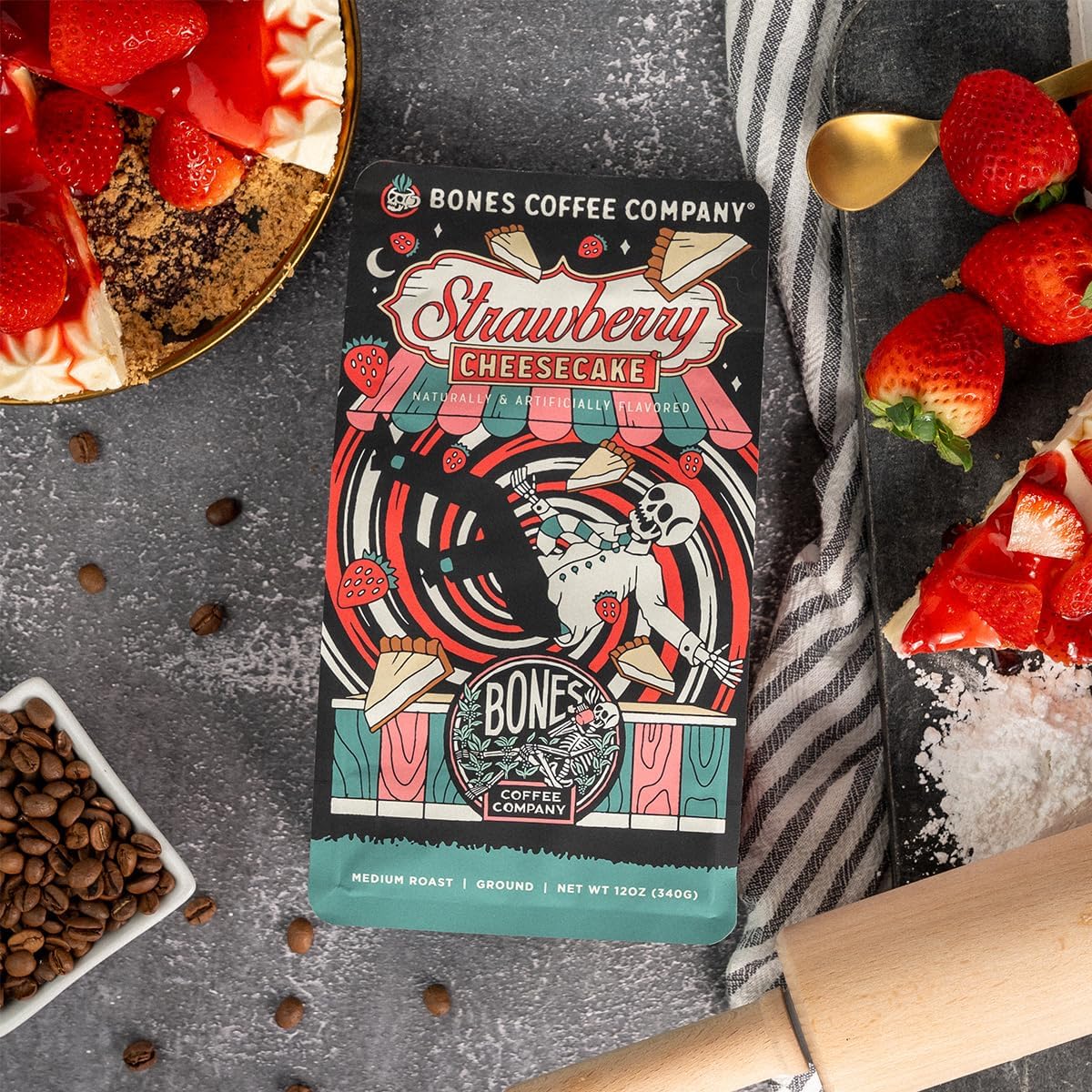 Bones Coffee Company Strawberry Cheesecake Flavored Coffee, Medium Roast Low Acid Arabica Beans Compatible with Auto drip and French Press Coffee Maker, 12 Oz Ground