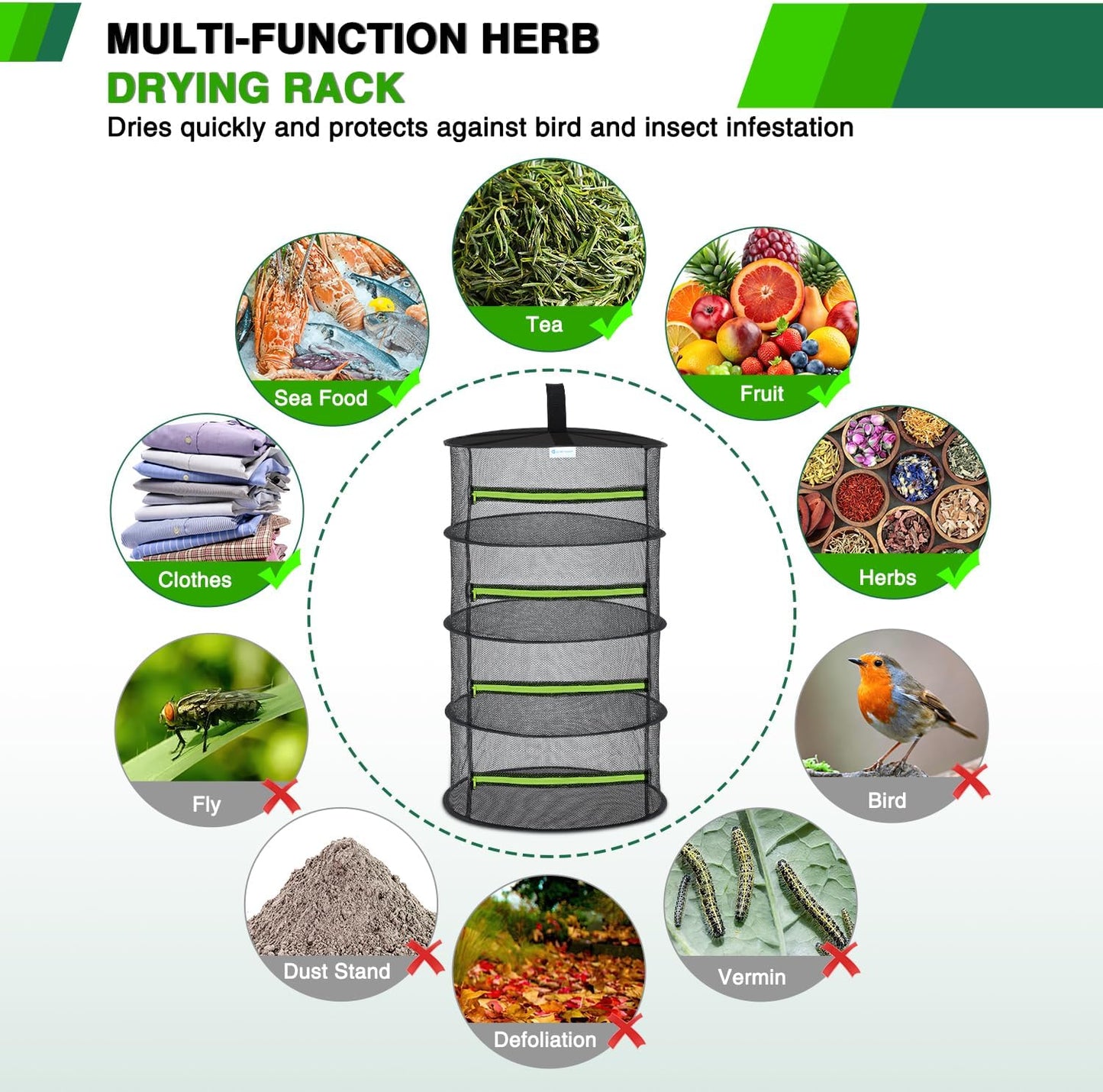 Yesker 4 Layer Herb Drying Rack Hanging Mesh Net Foldable Plant Drying Racks 24" w Green Zipper Pruning Shears Hook Dryer Hanging Rack for Herbs Seed Bud Fruit Clothes Grow Tent Closets Garden Outdoor