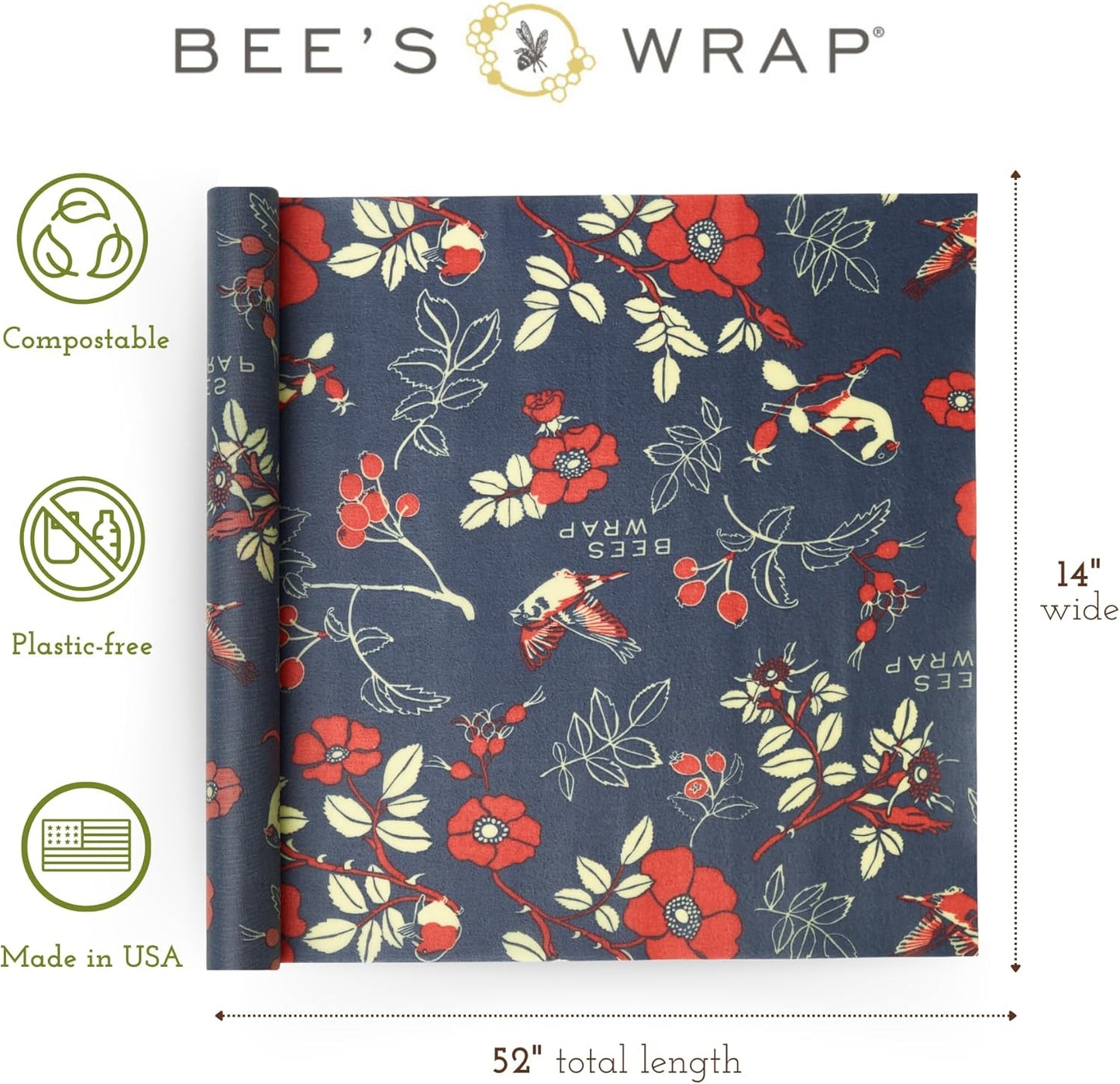 Bee's Wrap Beeswax Wraps for Food - Botanical Cut to Size 14x52" Wax Paper Roll - Made in USA Reusable Waxed Paper & Bowl Covers - Organic & Eco-Friendly Alternative to Aluminum Foil & Plastic Wrap