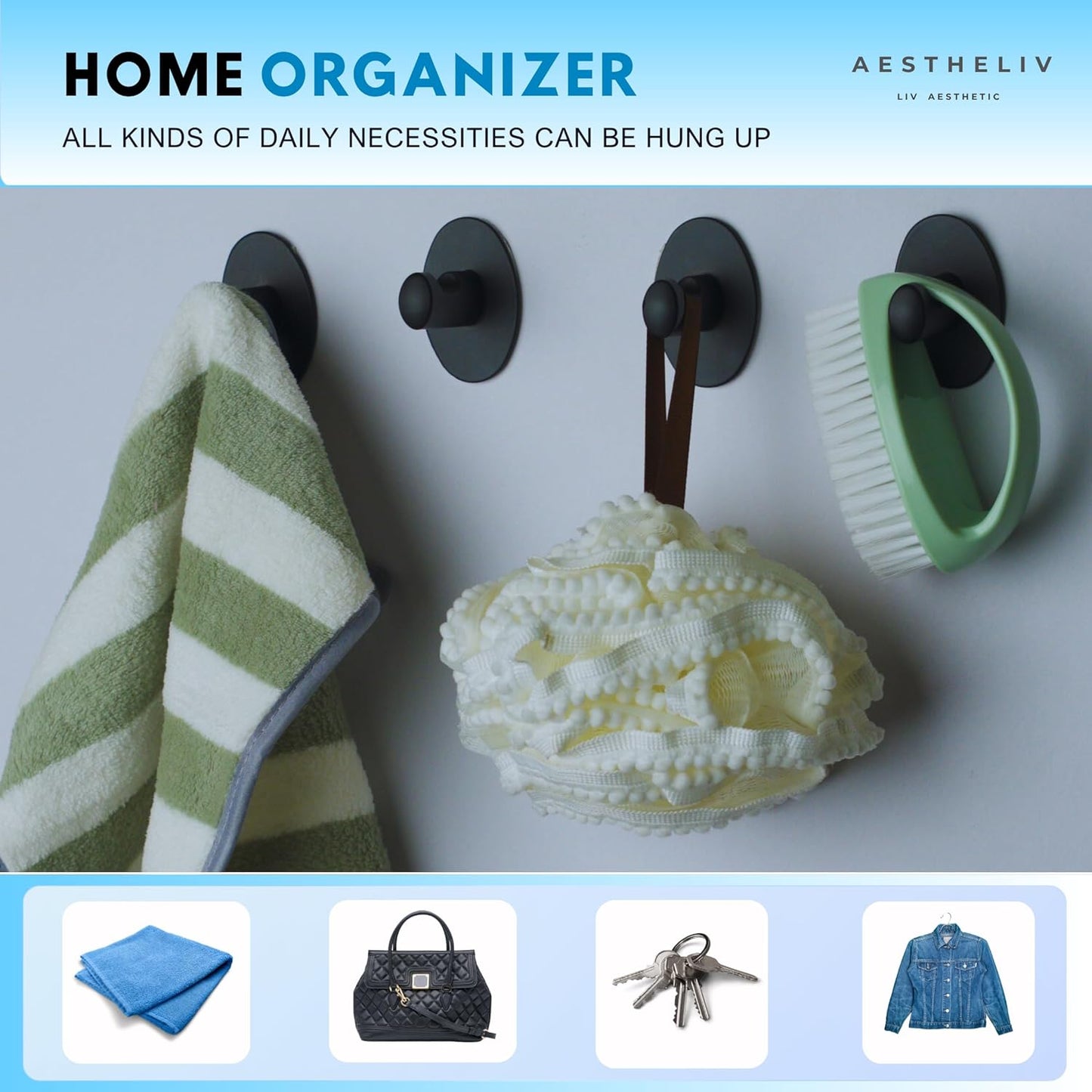 Adhesive Hooks for Hanging - 4 Packs, Sticky Hooks for Bathroom, Bedroom, Kitchen, Hotel, Office, Rust- restiant Adhesive Hook for Walls No Damage (Upto 15LBS)