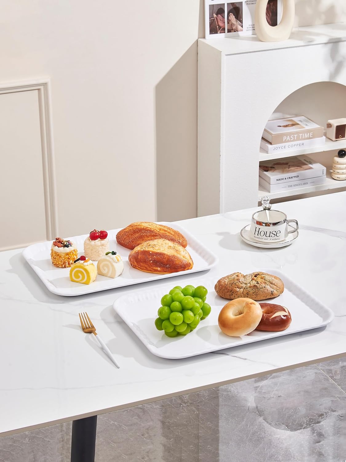 Blue Boat 17" x 12" Rectangular Serving Trays Set Set of 4 White, Melamine Serving Platter, Light Weight Easy to Clean Sturdy Stackable BPA-Free Dishwasher Safe