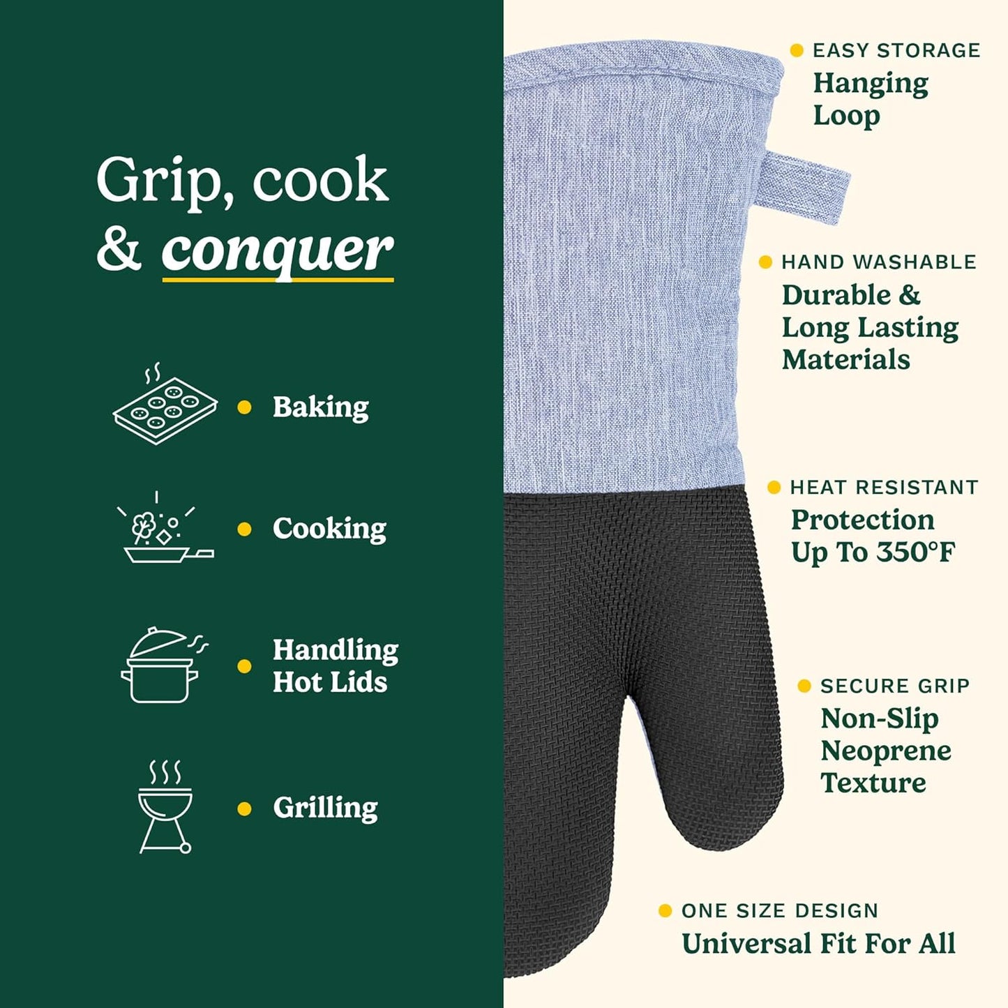 Cuisinart Kitchen Oven Mitts – Heat-Resistant Kitchen Mitts for Oven with Non-Slip Neoprene Palm, Long Cuff, and Cotton Filling – Durable Oven Gloves for Cooking, Baking, & Grilling (Chambray)