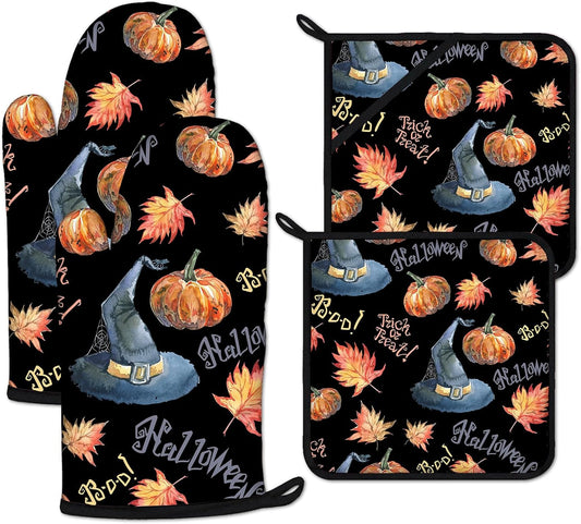 Halloween Pumpkin Autumn Maple Leave Oven Mitts and Pot Holders Sets Heat Resistant 4Pcs Potholders Oven Gloves Hot Pads for Kitchen Baking Cooking Grilling BBQ
