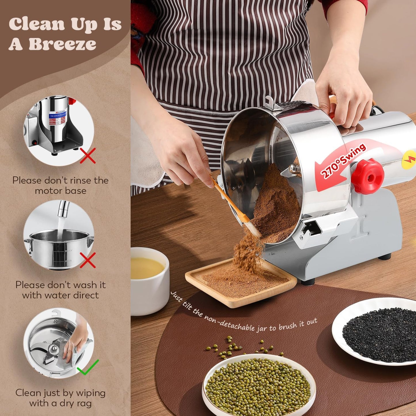 Moongiantgo 2500g Grain Mill Grinder Commercial Spice Grinder 3600W Stainless Steel Electric Pulverizer Dry Grinding Machine for Wheat Corn Rice Pepper Herbs Coffee Beans (2500g Swing, 110V)