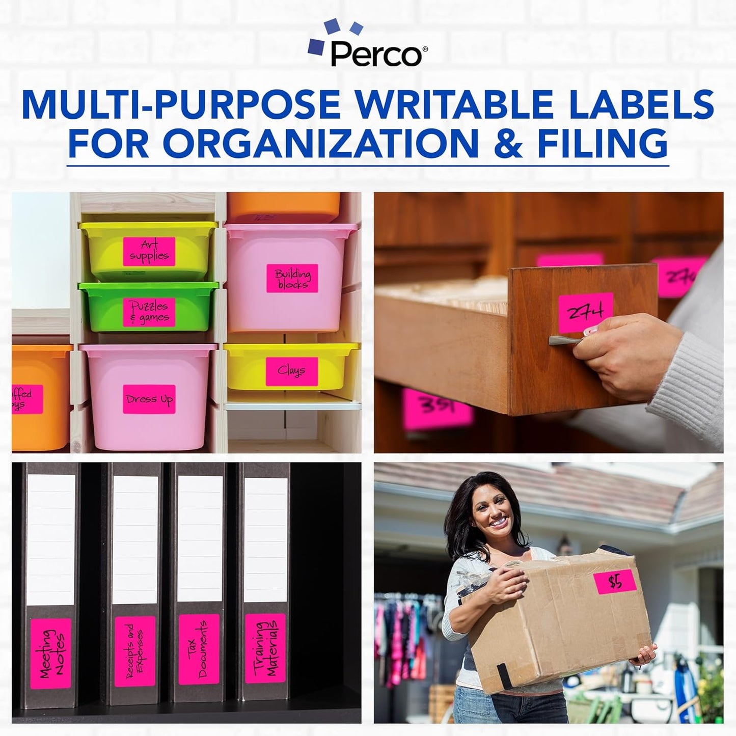 Perco Fluorescent Pink Labels 3x5 Inch 500 Stickers/Roll with Easy Peel Perforation and Strong Adhesion for Inventory Management, Color Coding, Moving Boxes, Retail, Organizing & Crafts – Made in USA