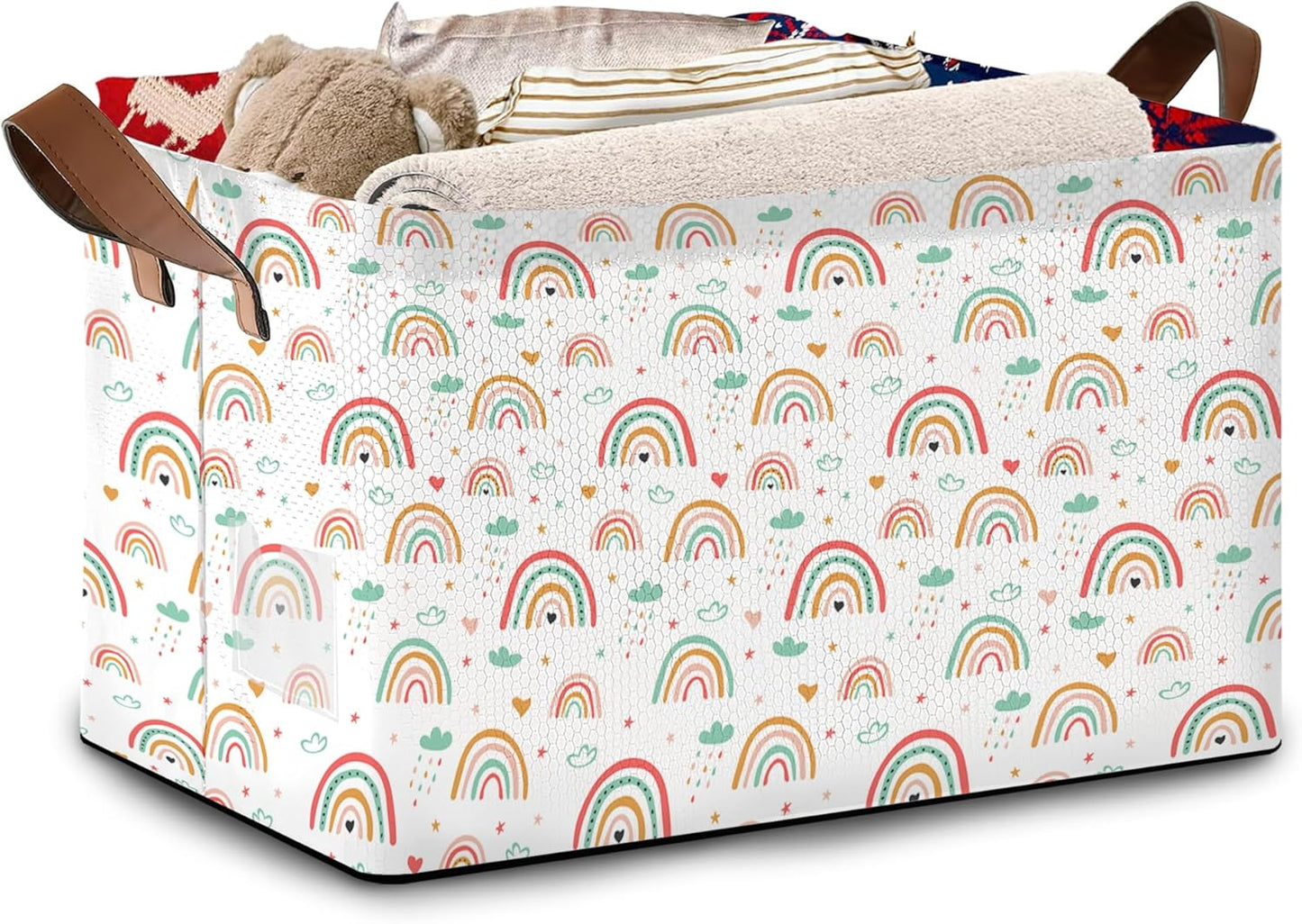 Rainbow Colors Storage Basket Large 17x11.5x10.5 Inche-Collapsible Fabric Organizer Bin with Handles for Kids Room, Nursery, Playroom-Foldable Decorative Hamper with Multicolor Arc Design-Single Pack