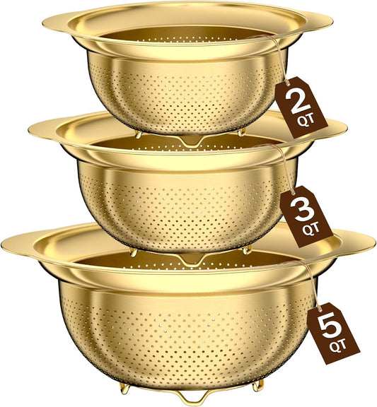 Stainless Steel Strainers for Kitchen, Stainless Steel Colander, Kitchen Strainer for Pasta Fruits Vegetables, 3 Pack Strainers and Colanders(2QT, 3QT, 5QT), Rust-Proof & Dishwasher Safe, Gold
