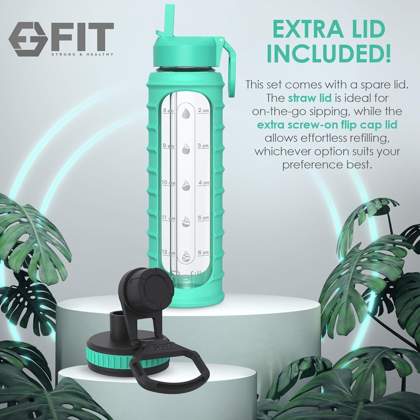 FIT Strong & Healthy 32 oz Glass Water Bottle with Straw Lid, Time Marker, Sleeve & Extra Lid - Motivational, Wide Mouth 1 Liter Glass Drinking Bottle