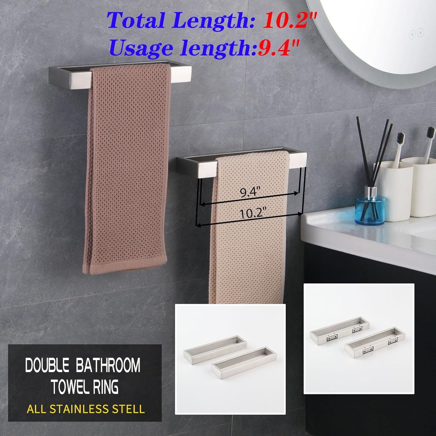 GERZWY Modern Towel Holder Square Style Brushed Stainless Steel Towel Hanger Towel Ring for Bathroom Wall Mount 2 Pack HG1716-2LS