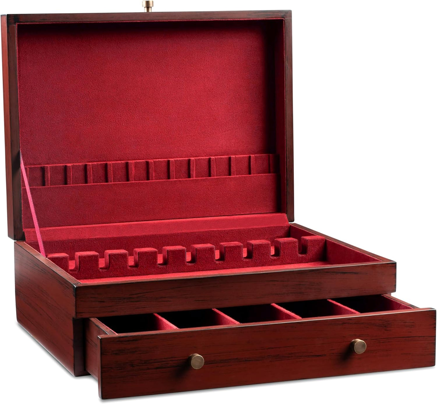 Royalty Art Red Tarnish-Free Silverware Storage Box with Pull-Out Drawer, 15" x 11" Large Flatware and Utensil Organizer for Kitchen Counter, Elegant Home Décor for Dining Room (Flatware Not Included)