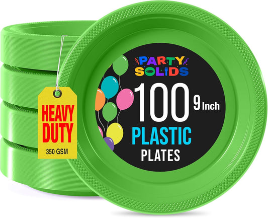 Exquisite Party Solids Lime Green Plastic Plates - 9 Inch, 100 Pack, 350 GSM