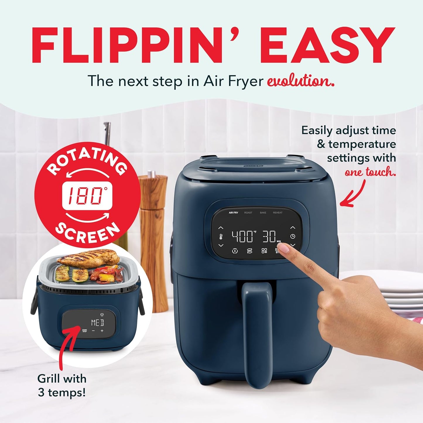 Dash Flip & Fry™ Digital 2-in-1 Grill + Air Fryer with 4 functions, 3 Qt Capacity, Air fryer & Indoor Grill for fries, wings, burgers and more - Navy