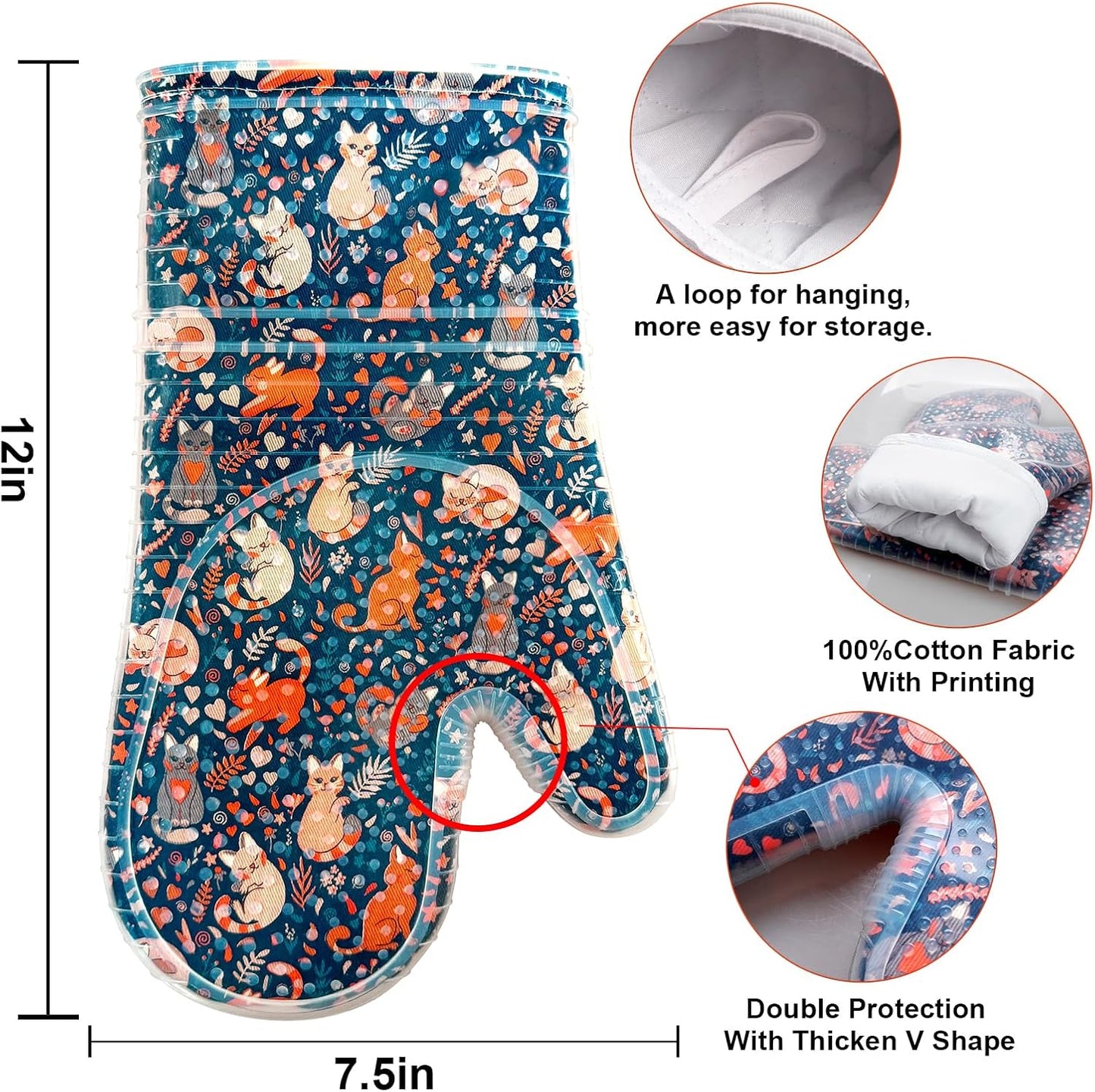 Oven Mitts Set of 2 with Transparent Clear Silicone Shell and Nice Dog Printing Cotton Lining, Heat Resistant to 500 F Kitchen Oven Gloves Pot Holder for Cooking (Navy, Cat, Oven Mitts)