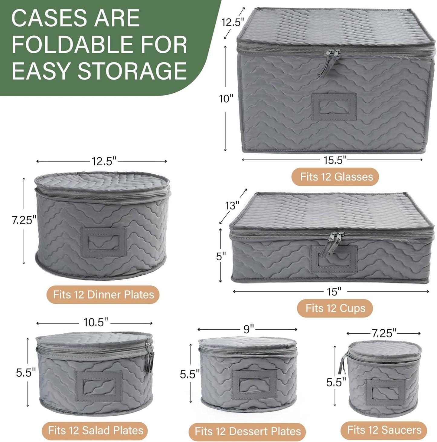 LotFancy China Storage Containers - Quilted 6-Piece Set Storage Box- Stores Chinaware, Stemware, Dinnerware, Dish Storage Service for 12, 48 Pcs Felt Protectors, Cardboard Dividers Included