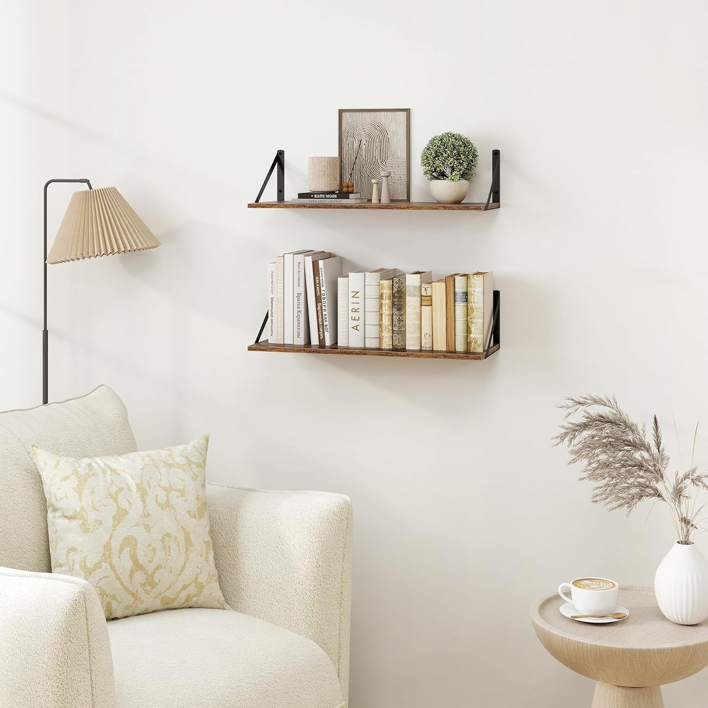 Heimlove Deep Floating Shelves for Wall, 24W x 8D Wood Wall Shelves Set of 2, Wide Floating Bookshelf for Living Room, Kitchen, Office, Bedroom and Decor Storage, with Metal Bracket - Rustic Brown