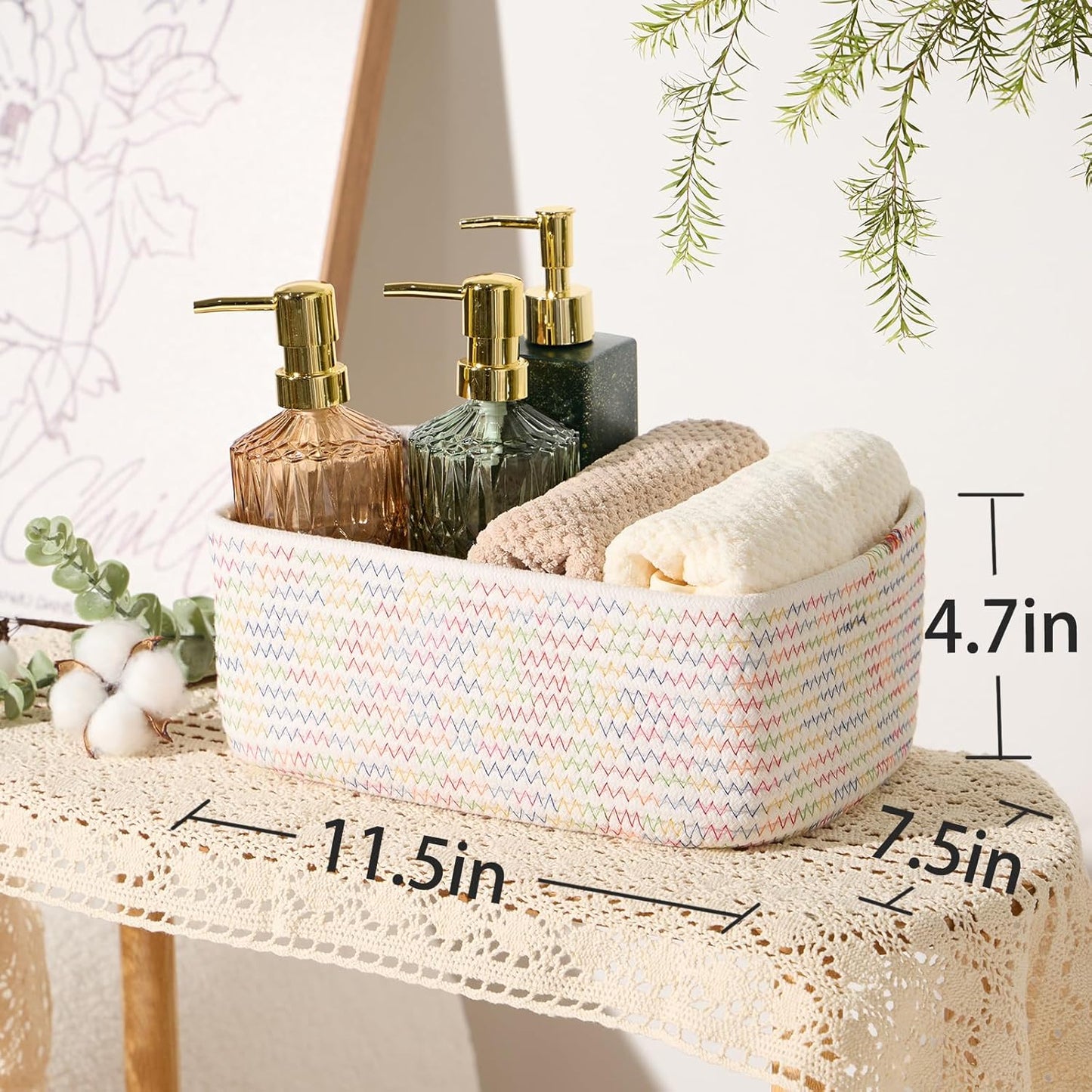 Small Storage Baskets for Organizing | Closet Organizer Bins | Shelf Toy Basket | Woven Rope Baskets | Cube Decorative Box | Shallow Basket | 11.5x7.5x4.7” | 3 Packs Rainbow