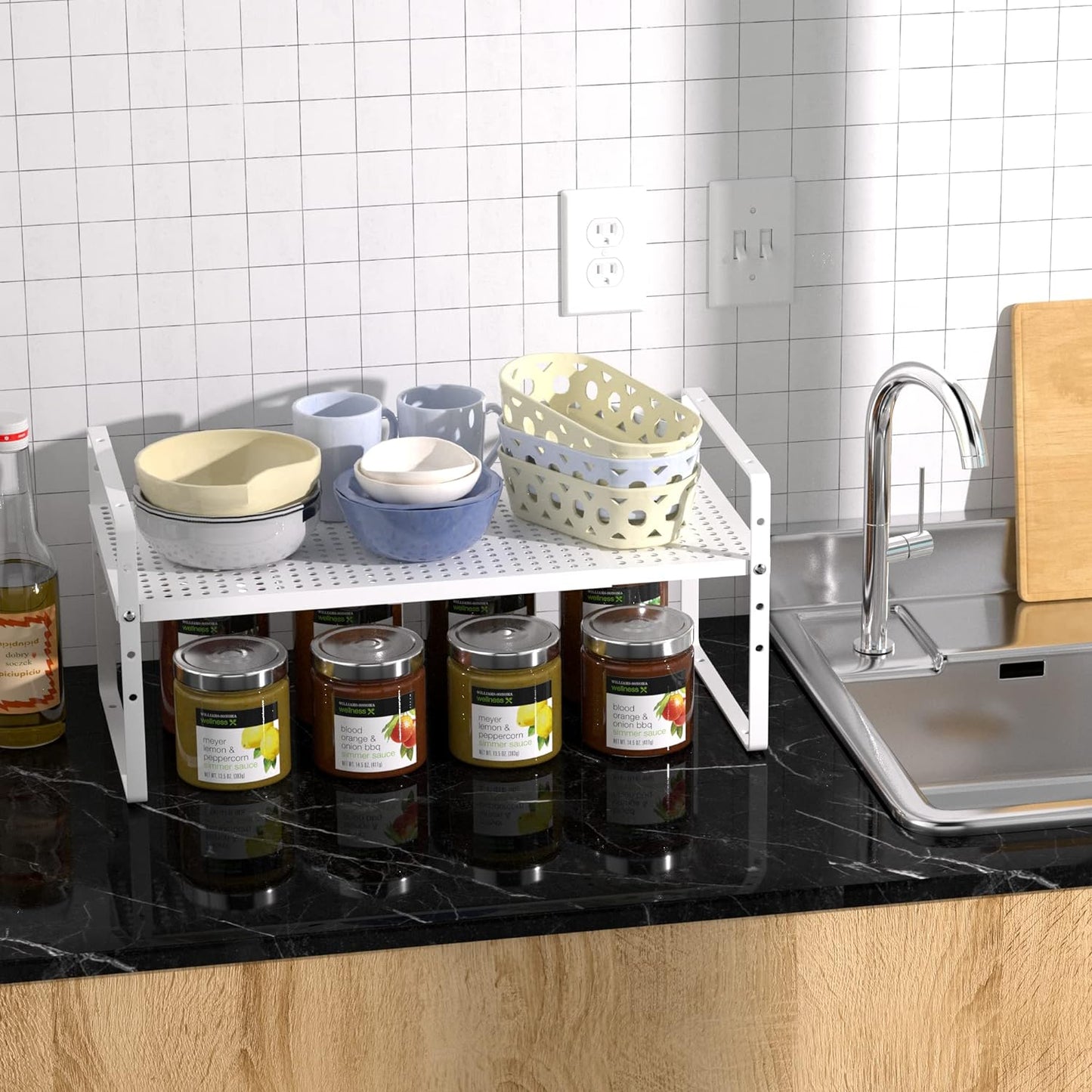 iPEGTOP Expandable Cabinet Storage Shelf Organizer Rack, Heavy Duty Stackable Steel Metal Spice Rack Adjustable Height Pantry Garage Shelf for Counter Kitchen Organization, White - 1 Pack