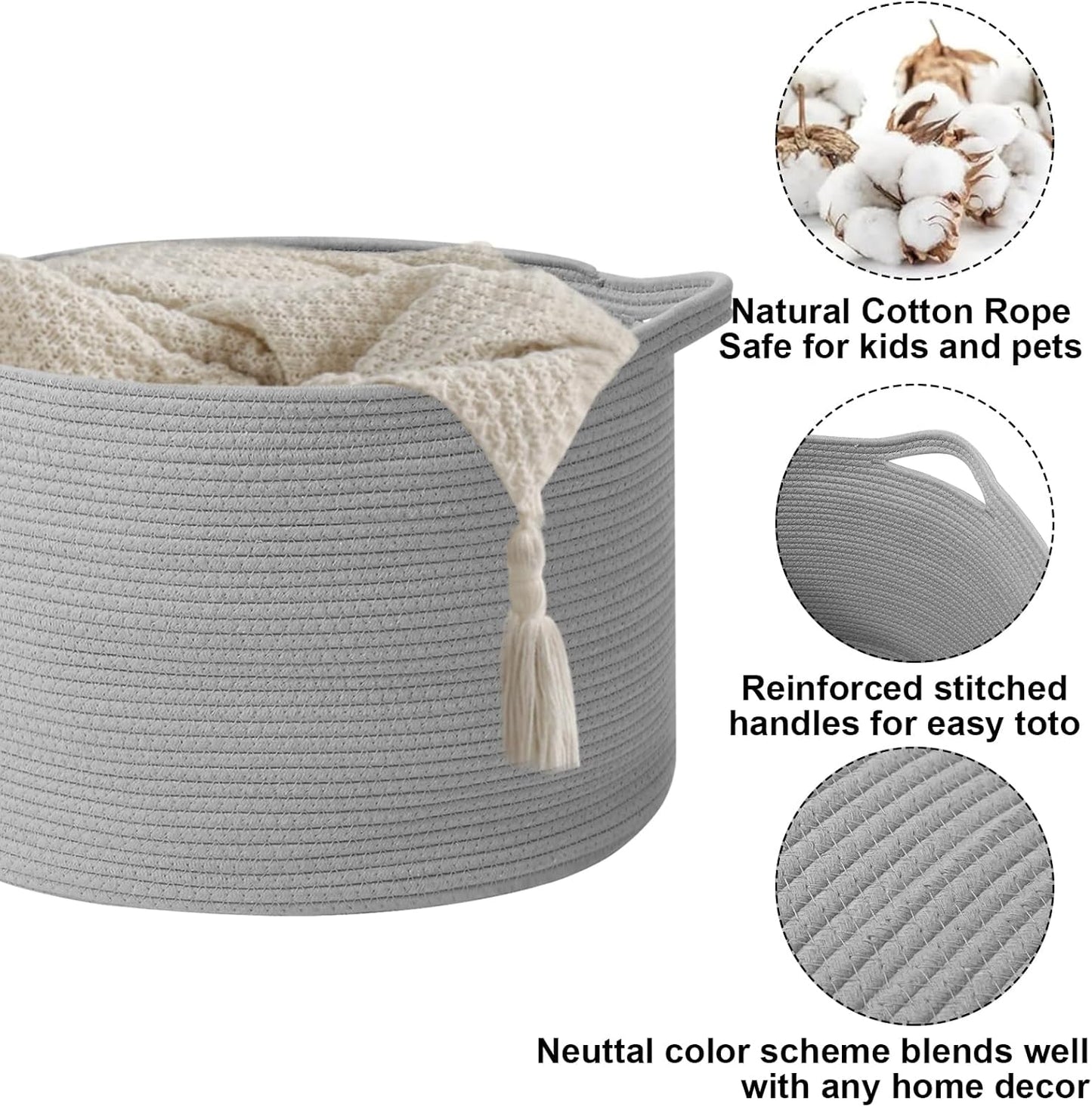 Large Blanket Basket for Organizing,115L Closet Organizers and Storage Bins Box for Shelves Woven Rope Storage Baskets,Living Room,Bedroom,Dorm,Laundry room (Light Grey)