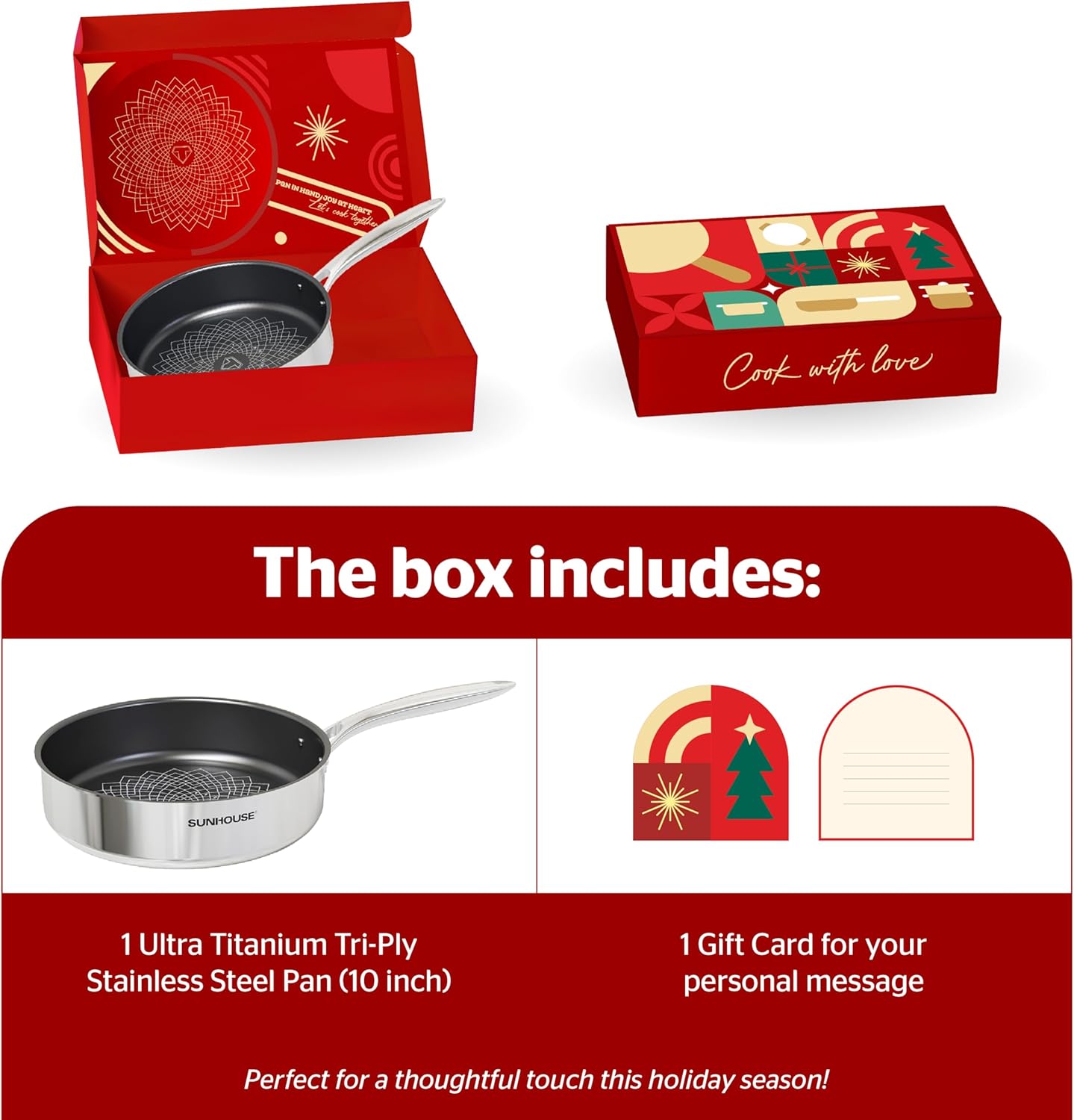 Sunhouse Titanium-Coated Tri-Ply Stainless Steel Pan, 10 inch frying pan, Non-Toxic, PFAS PFOA & PTFE Free, Oven Safe, Compatible with All Cooktops, Perfect Gifts for Mom or Dad, Premium gift box
