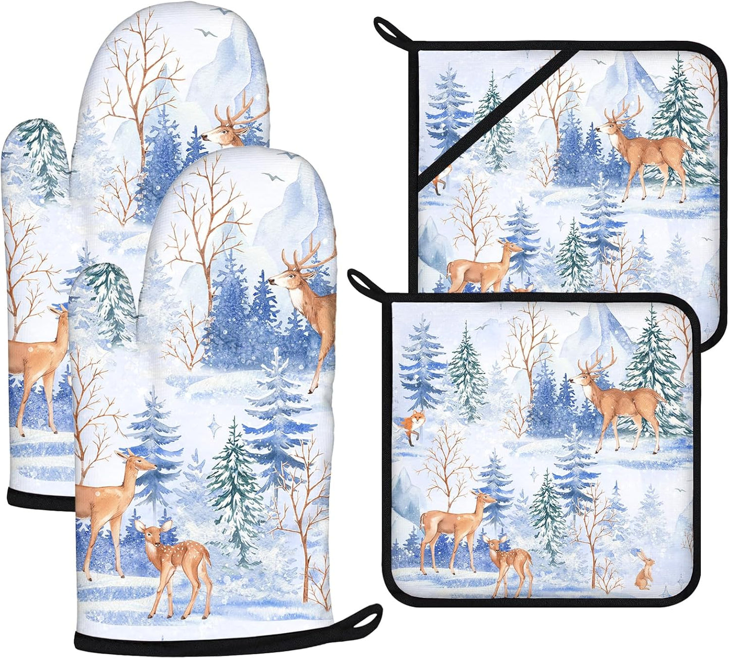 Deer Mitts and Pot Holders Sets 4Pcs,Extra Long Oven Gloves Potholder for Kitchen Cooking Baking BBQ 100% Cotton Heat Resistant